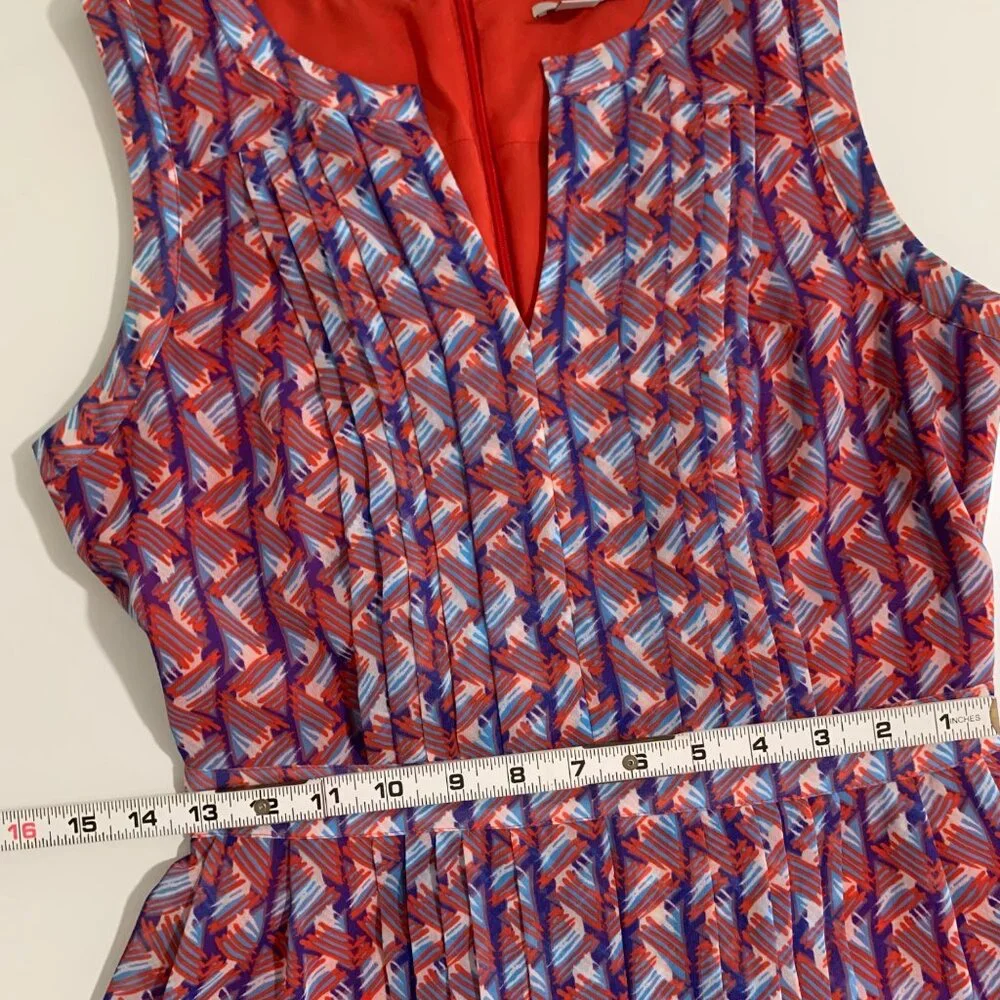 Halogen Sleeveless Red & Blue Geometric Print Dress Size 2 Pleated A-Line V-Neck